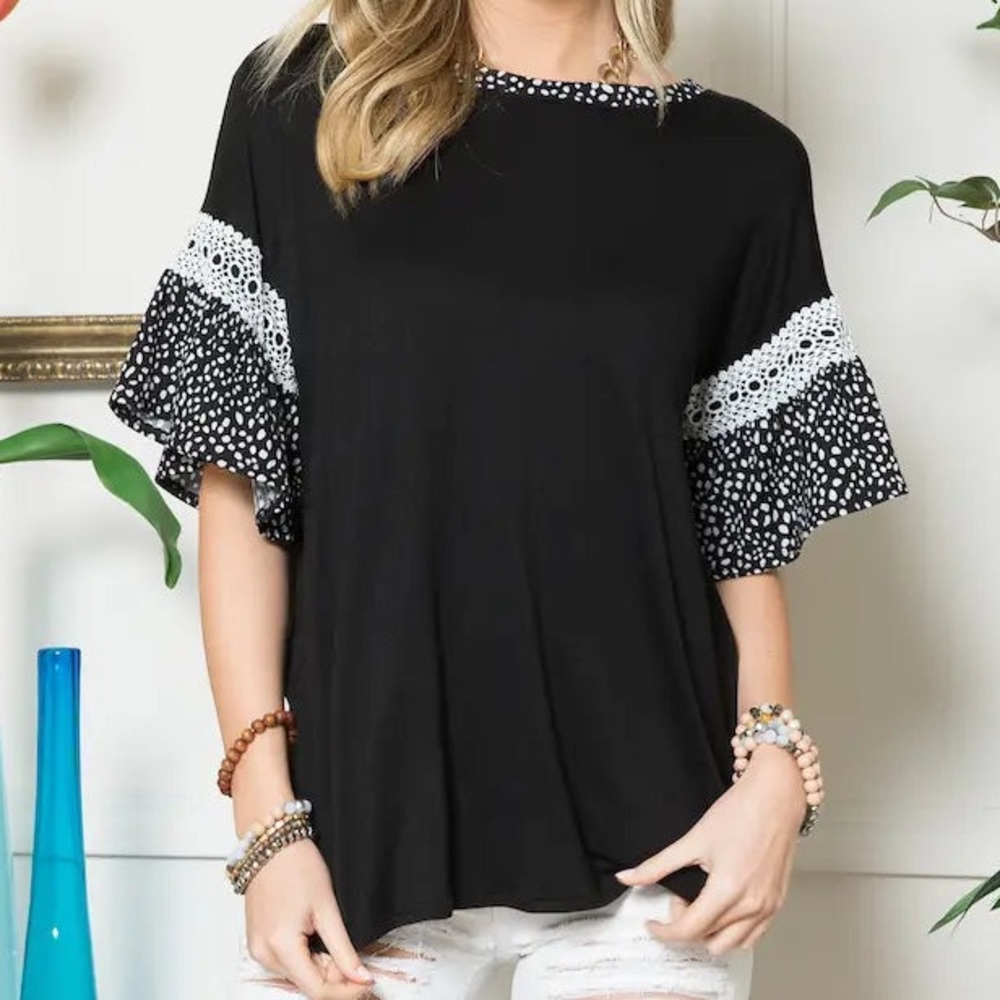 Speckled ruffle sleeve top- Celeste